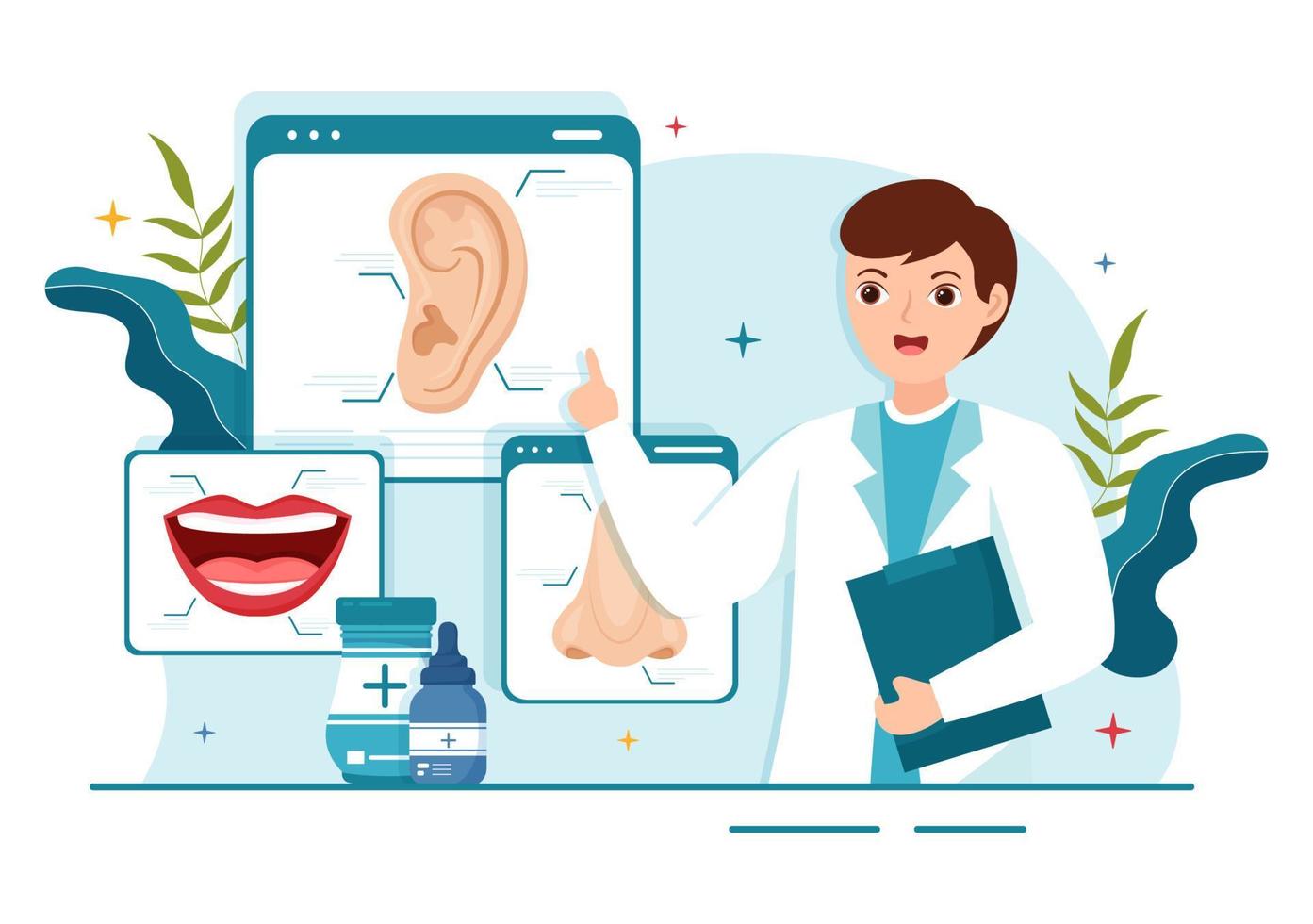 Otorhinolaryngologist Illustration with Medical Relating to the Ear, Nose and Throat in Healthcare Flat Cartoon Hand Drawn Landing Page Templates vector