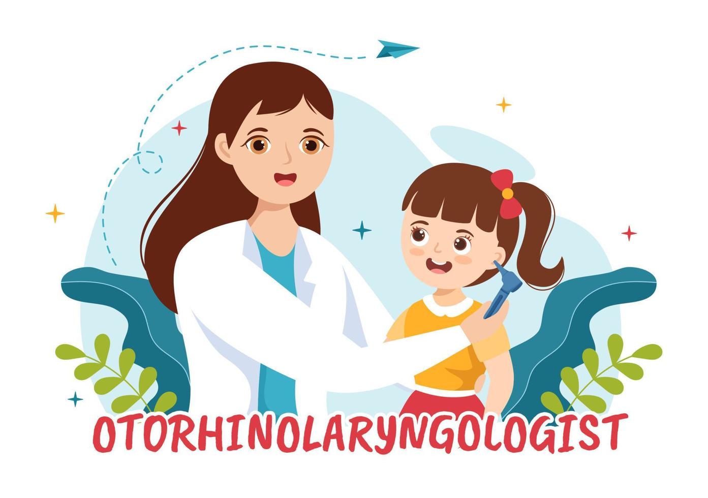 Otorhinolaryngologist Illustration with Medical Relating to the Ear, Nose and Throat in Kids Healthcare Cartoon Hand Drawn Landing Page Templates vector
