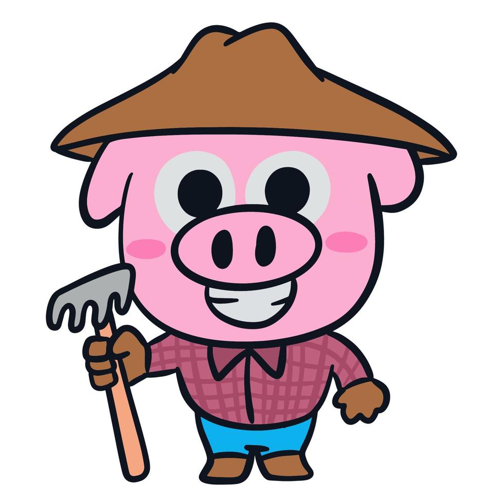 Hand drawn funny little pig farmer with garden fork cartoon character vector