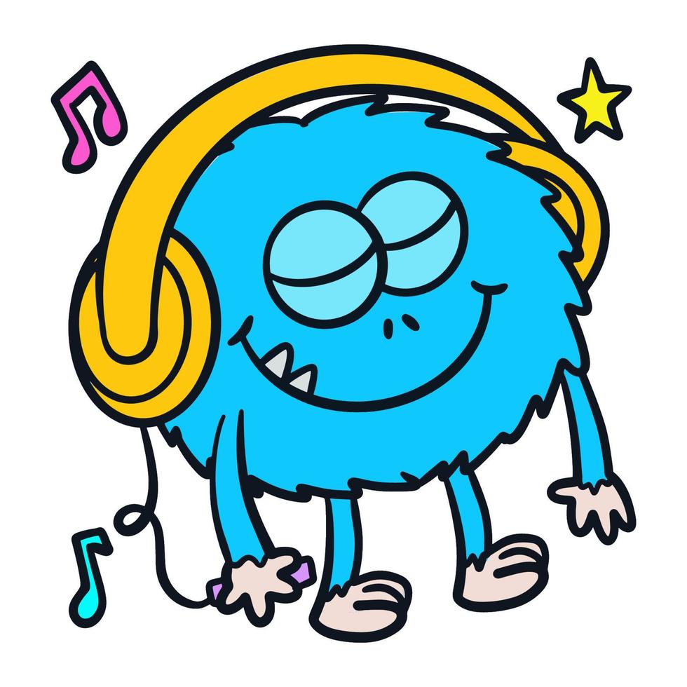 Hand drawn funny little monster with headphone listening music cartoon character vector