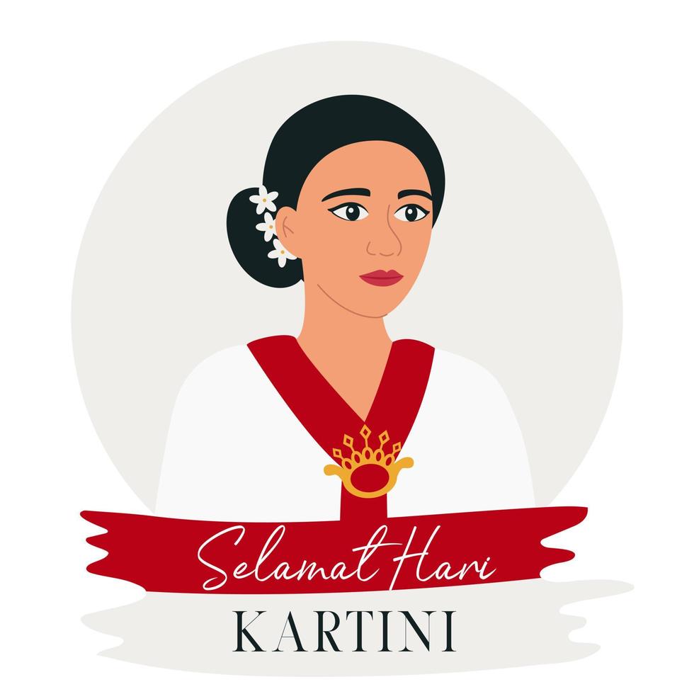 selamat hari kartini. Traducción - contento kartini día. kartini el héroe de mujer y humano Derecha en Indonesia. asiático mujer con oscuro pelo rodeado con flores plano vector ilustración