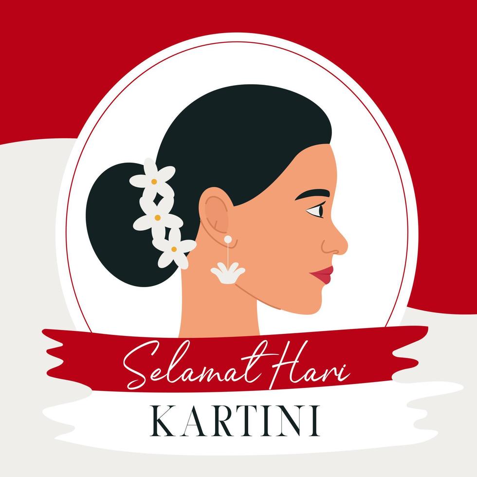Selamat Hari Kartini Means Happy Kartini Day. Kartini is Indonesian Female Hero. Profile of an Asian woman with dark hair on a background of red and white Indonesian flag. Flat Vector Illustration.