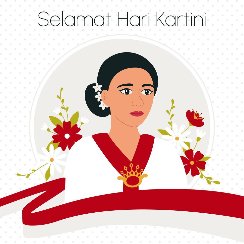 Raden Adjeng Kartini the hero of women and human right in Indonesia. Selamat Hari Kartini Means Happy Kartini Day. Asian woman surrounded with flowers and red and white flag. Flat Vector Illustration