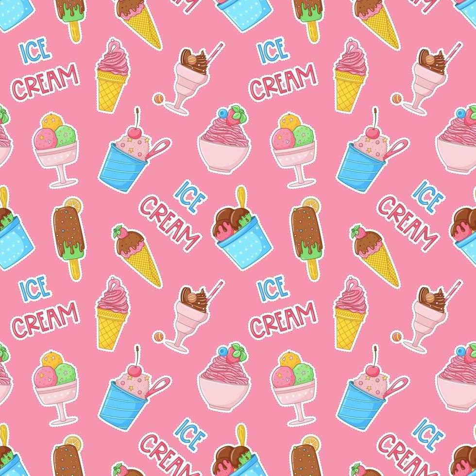 Summer seamless pattern with cartoon bright ice cream, popsicle, strawberry, chocolate. Wrapping paper, fabric, wallpaper design. Sweet summer food. Vector colorful illustrations on pink background.