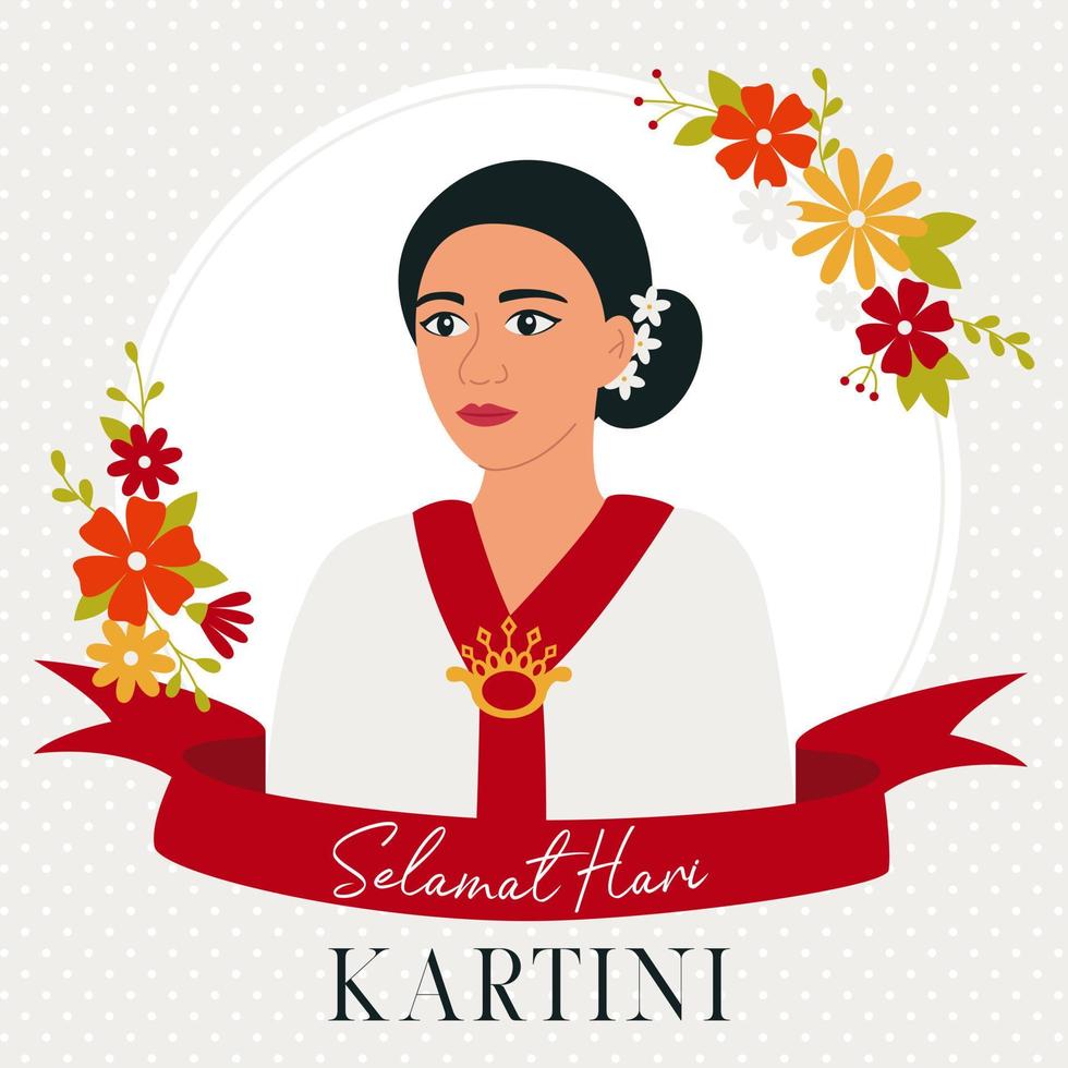 Kartini is Woman hero from indonesia. Selamat Hari Kartini Means Happy Kartini Day. Asian woman with flowers. Square card with ribbon. Flat Vector Illustration