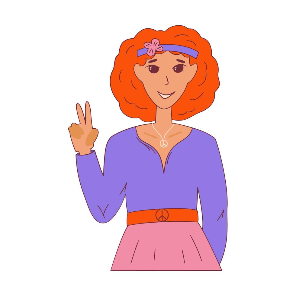 Psychedelic groovy girl isolated. Cute cartoon woman groovy retro style. Vector illustration.