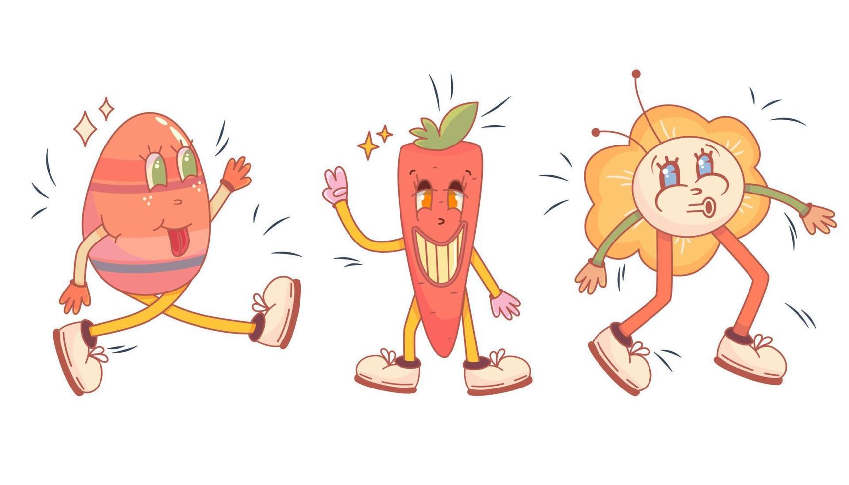 Retro cartoon easter character eggs, flower and carrot. Easter character in trendy retro style. Cartoon vector illustration