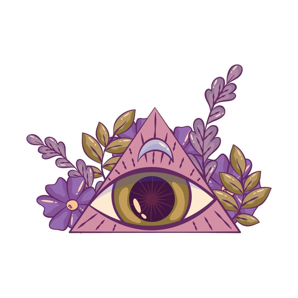 Enlightened eye in pyramid with flower isolated. Esoteric symbol religious all seeing eye with eyelashes. Ezoterk pyramid occult symbol. Vector illustration