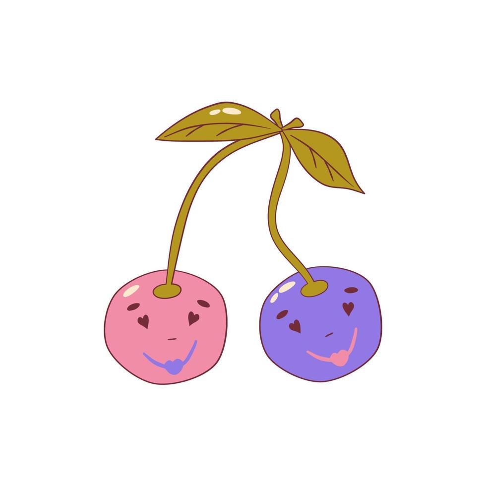 Psychedelic groovy cherry with face isolated. Cute cartoon cherry with eye groovy retro style. Vector illustration