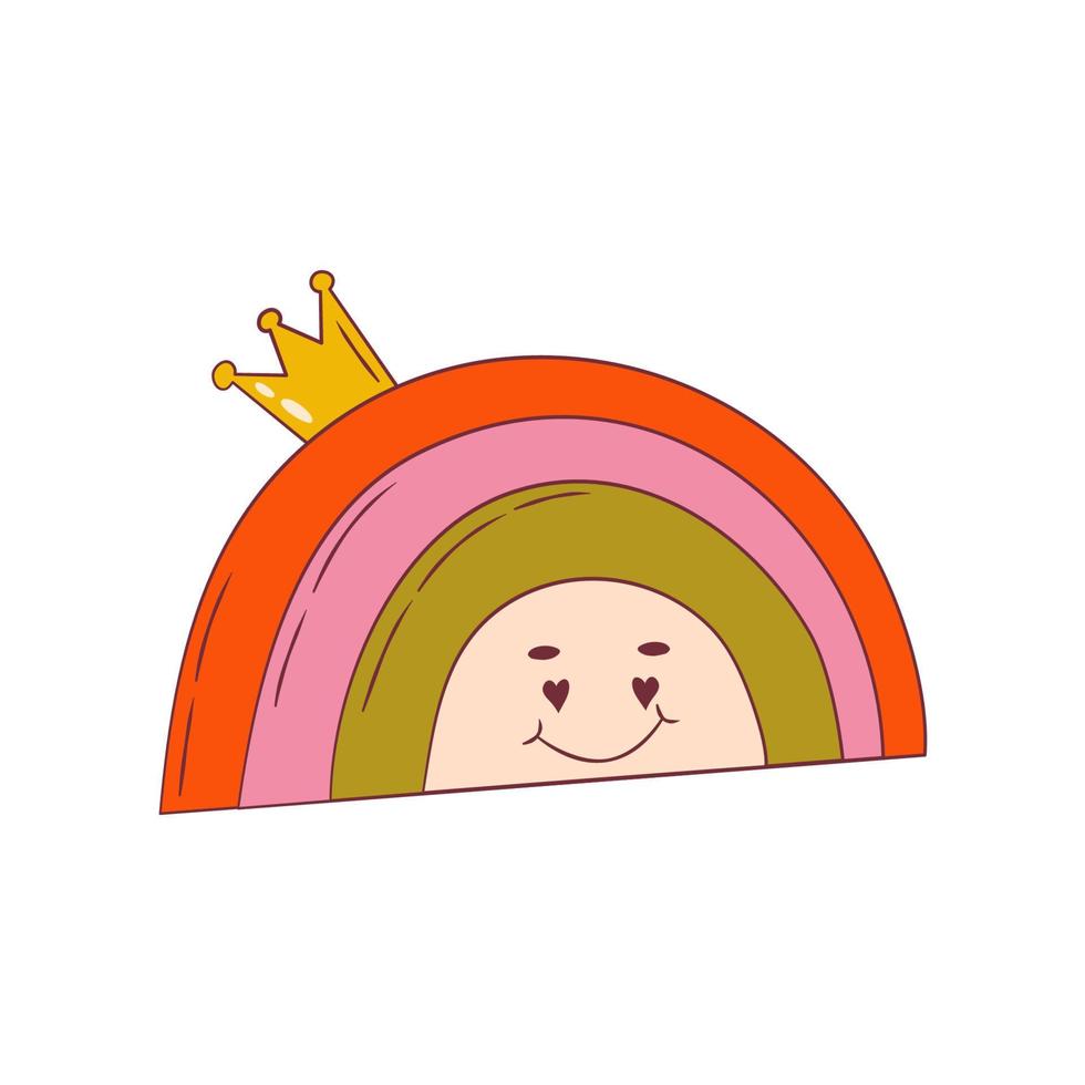 Psychedelic groovy rainbow with crown and face isolated. Cute cartoon rainbow with eye groovy retro style. Vector illustration.