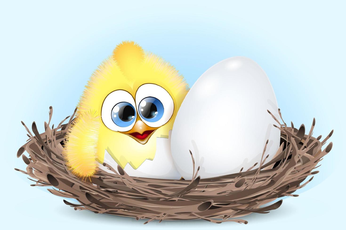 Funny cartoon cute Chick in eggshell and egg in birds nest vector