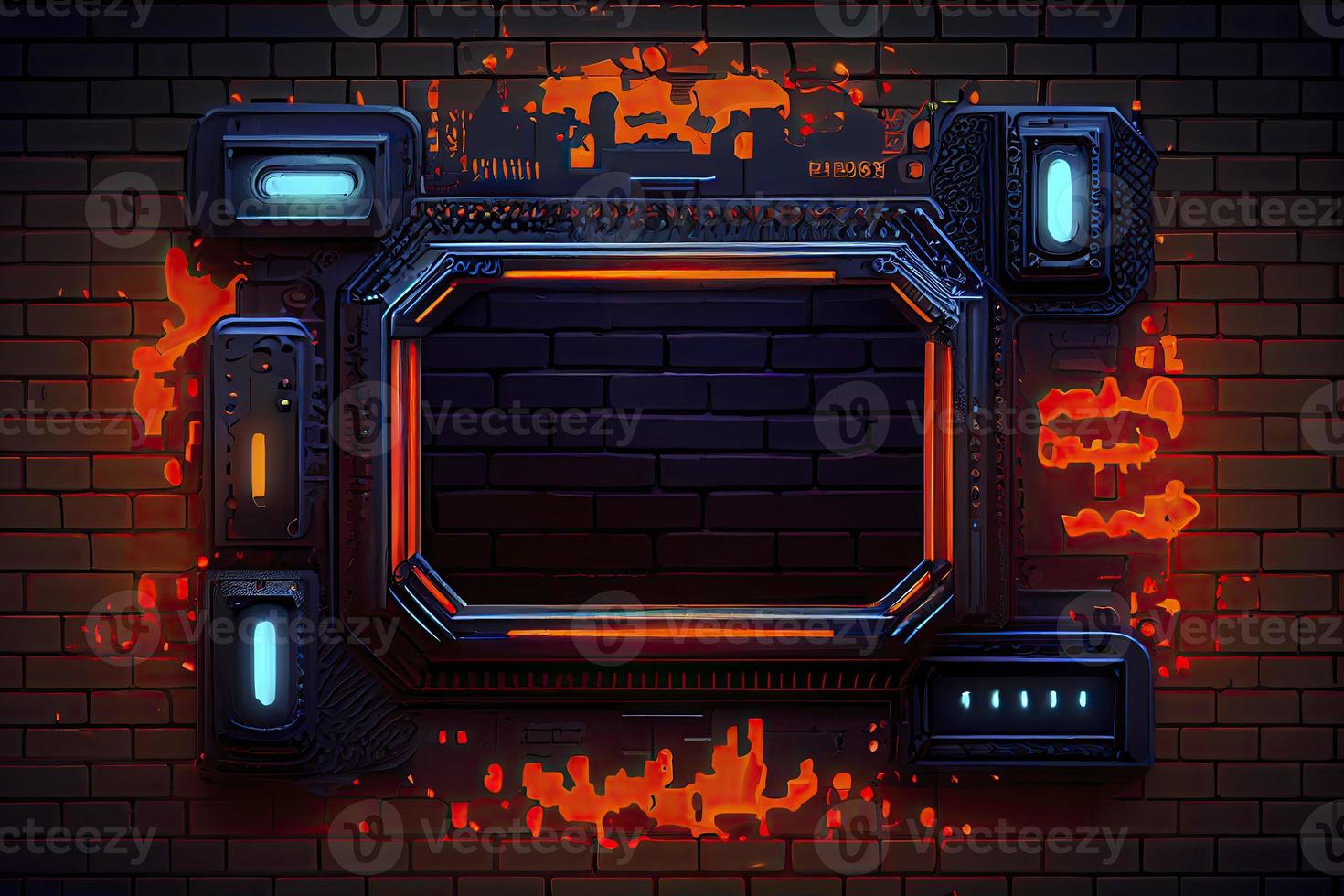 abstract background of sci fi hud ui neon frame on brick wall photo