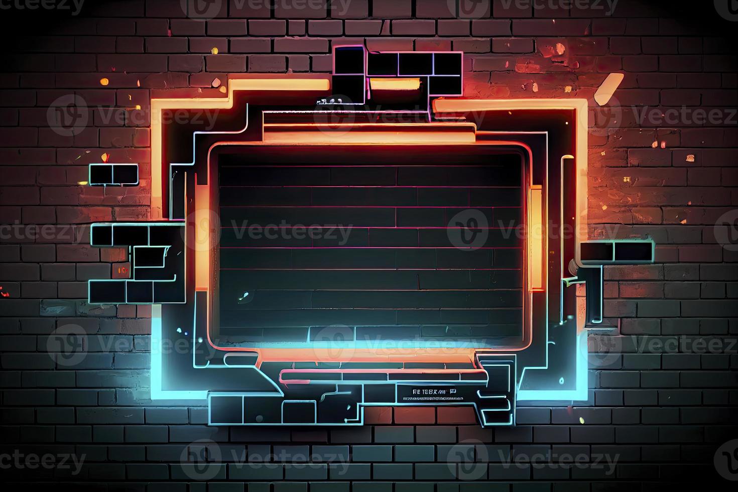 abstract background of sci fi hud ui neon frame on brick wall photo