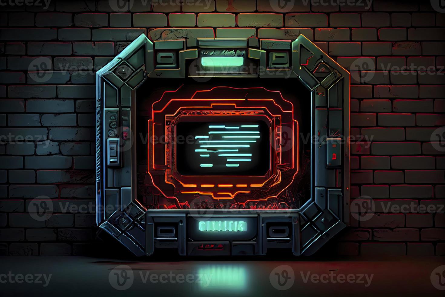abstract background of sci fi hud ui neon frame on brick wall photo