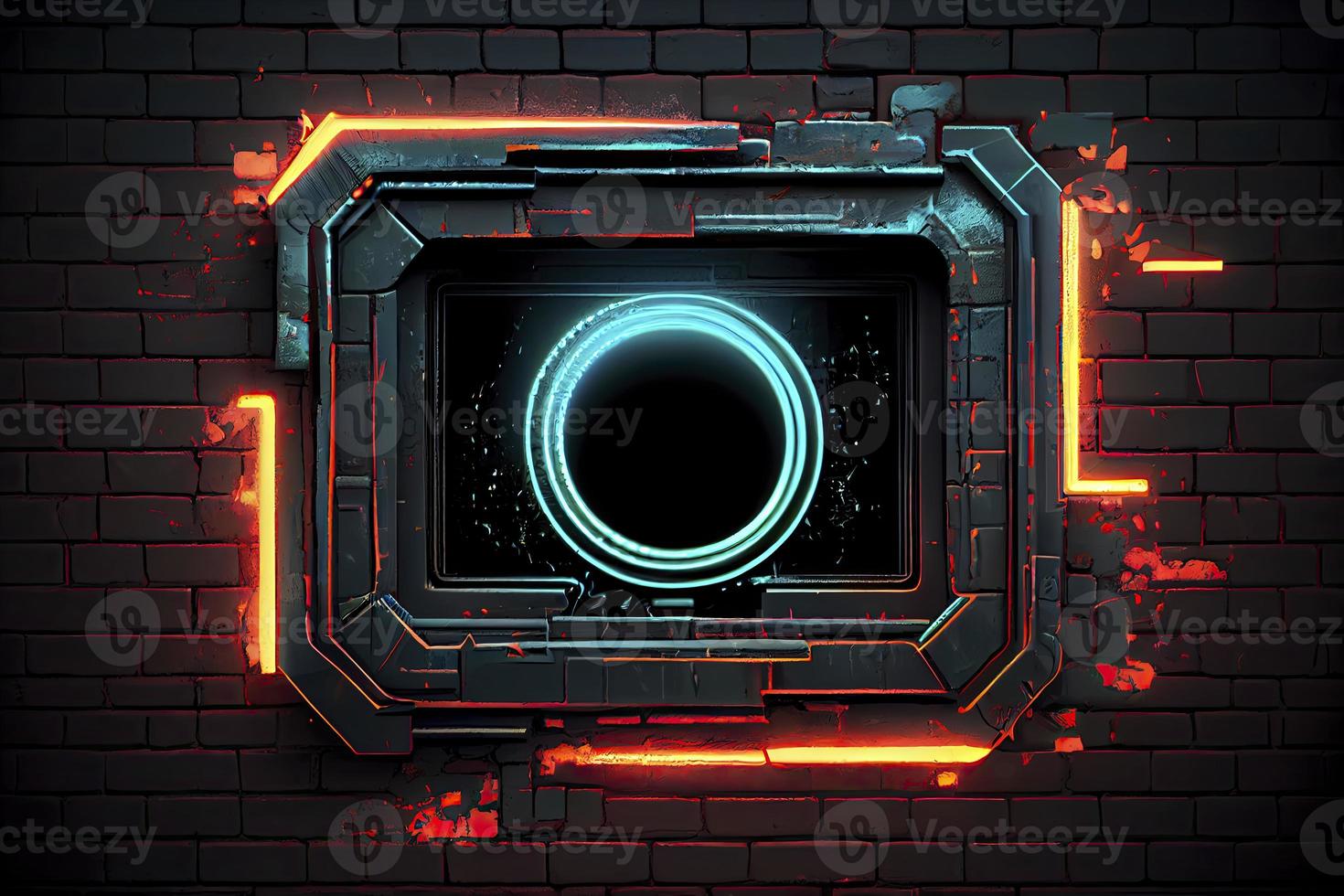 abstract background of sci fi hud ui neon frame on brick wall photo