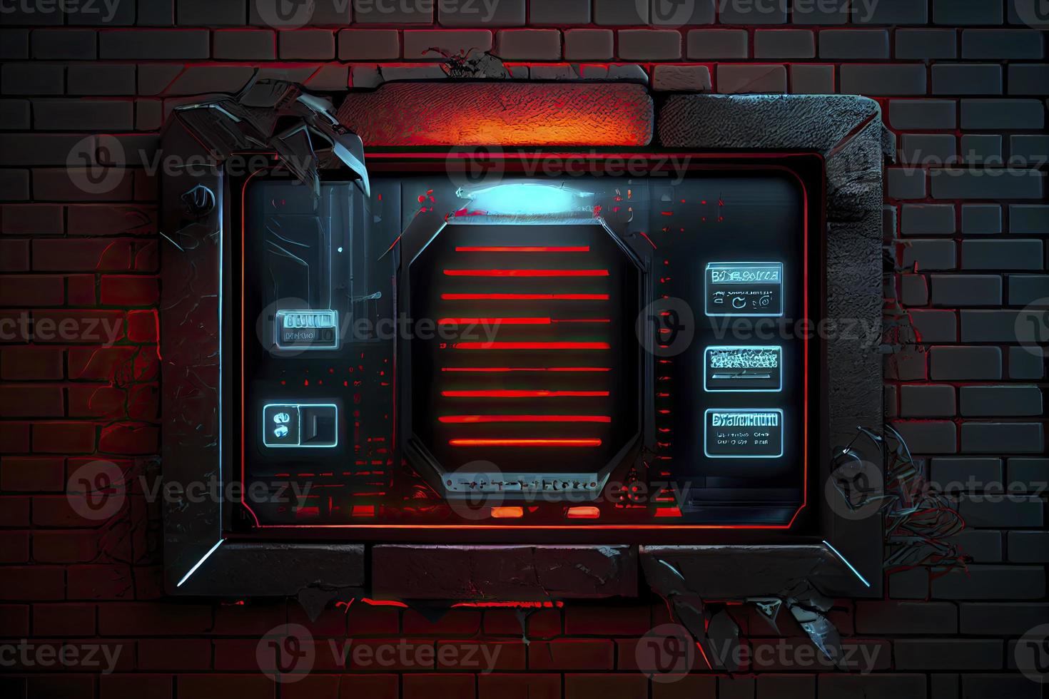 abstract background of sci fi hud ui neon frame on brick wall photo