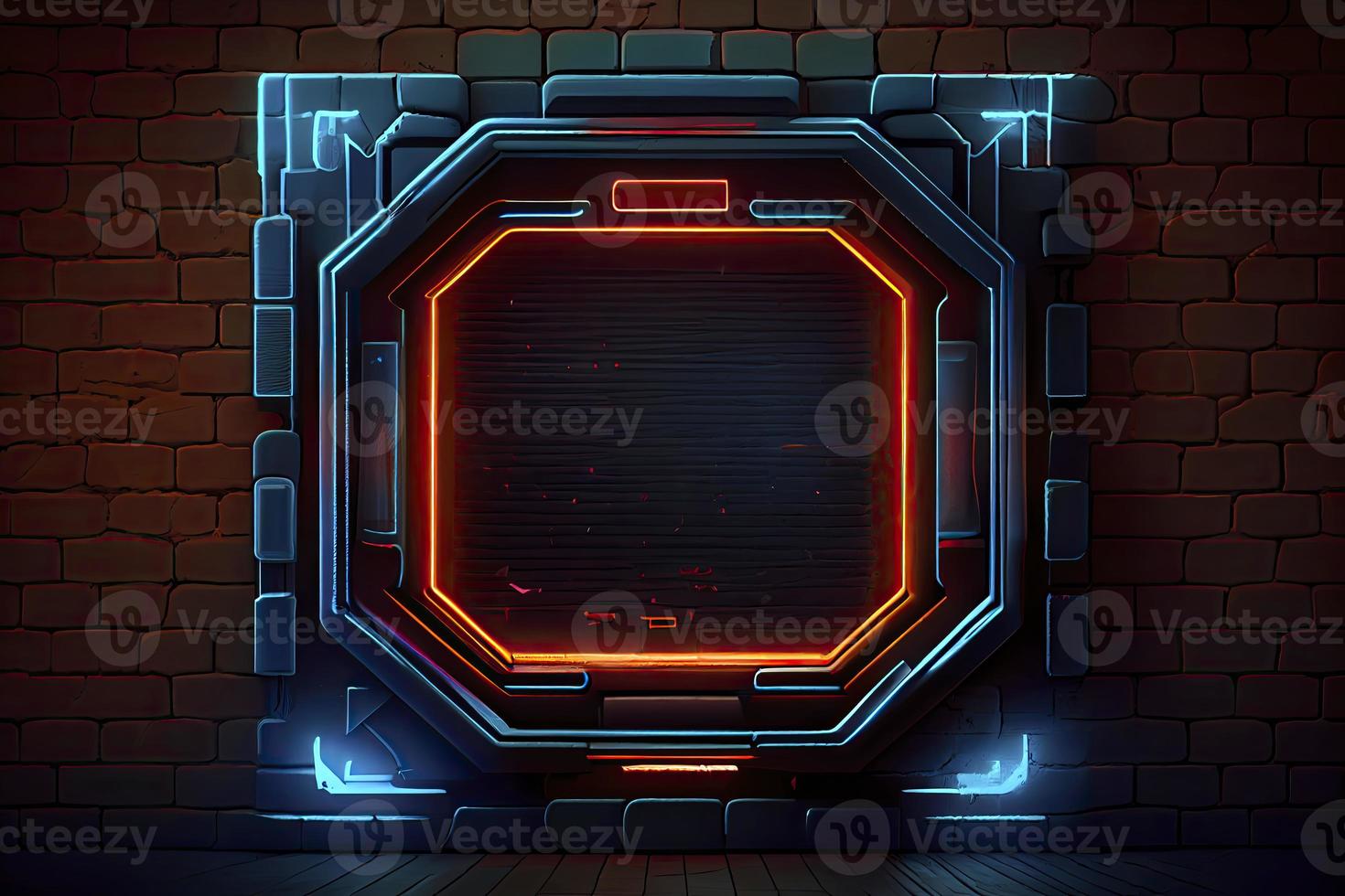 abstract background of sci fi hud ui neon frame on brick wall photo