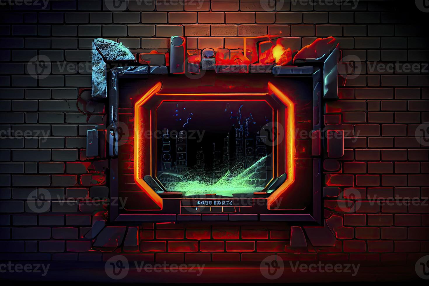 abstract background of sci fi hud ui neon frame on brick wall photo