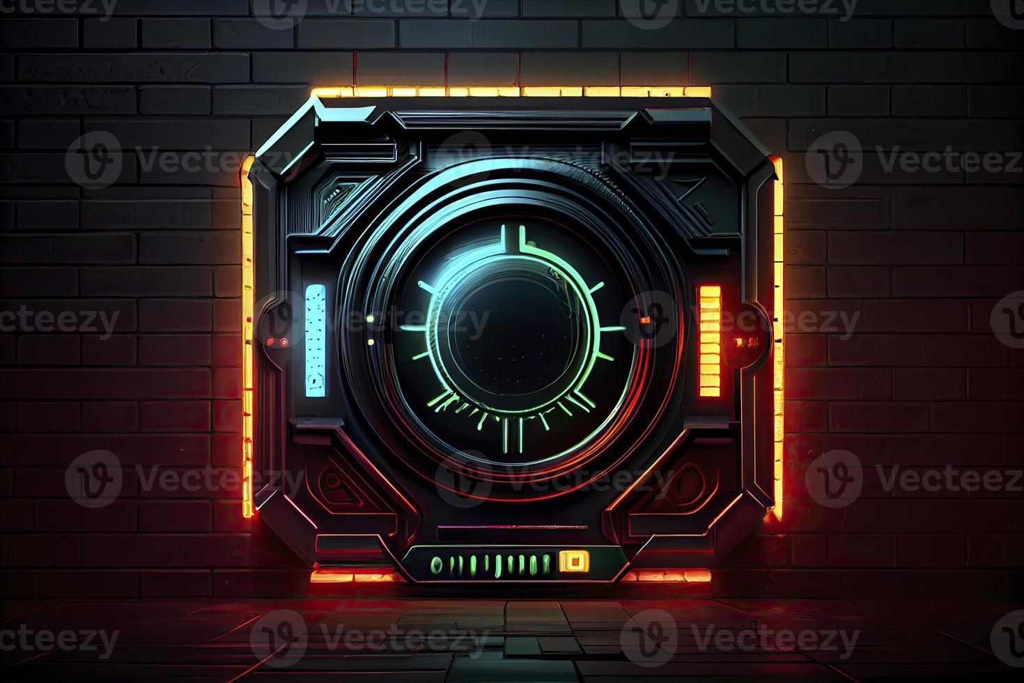 abstract background of sci fi hud ui neon frame on brick wall photo