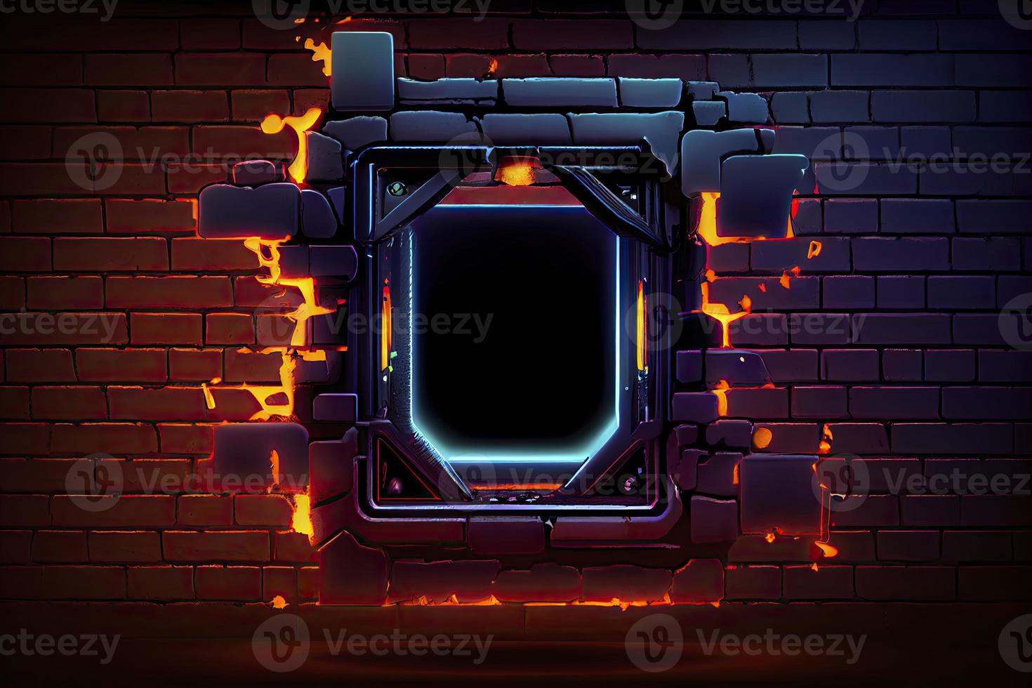 abstract background of sci fi hud ui neon frame on brick wall photo