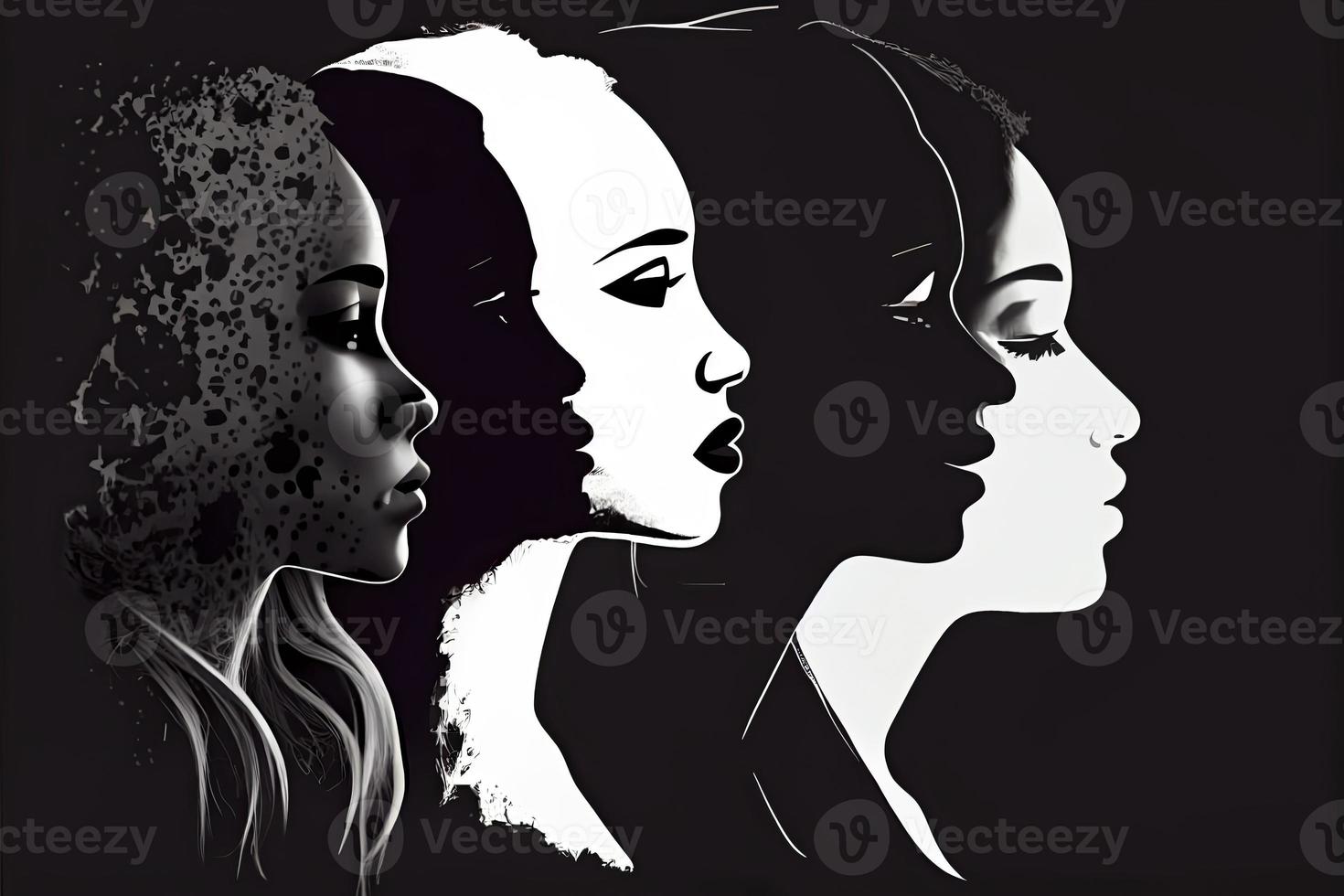 Woman face silhouette in profile with group of multicultural and multiethnic women faces inside photo