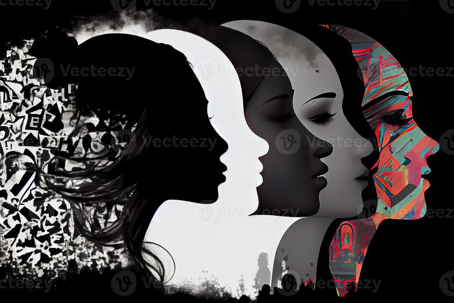 Woman face silhouette in profile with group of multicultural and multiethnic women faces inside photo