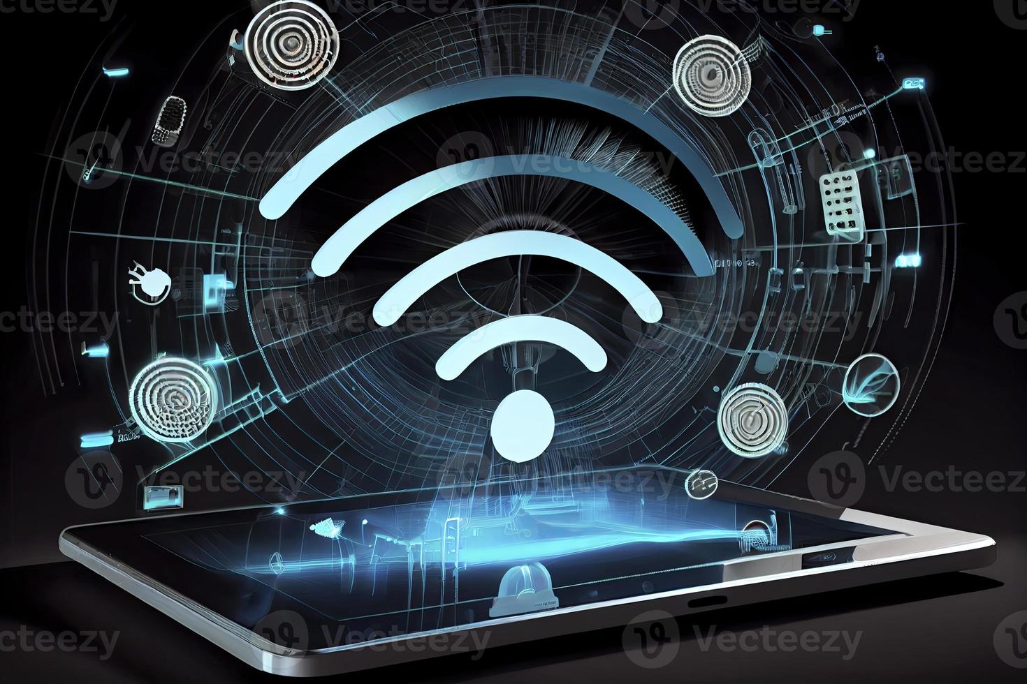 Wi Fi symbol, wireless networking digital hi tech innovation concept, free internet zone and hotspot photo