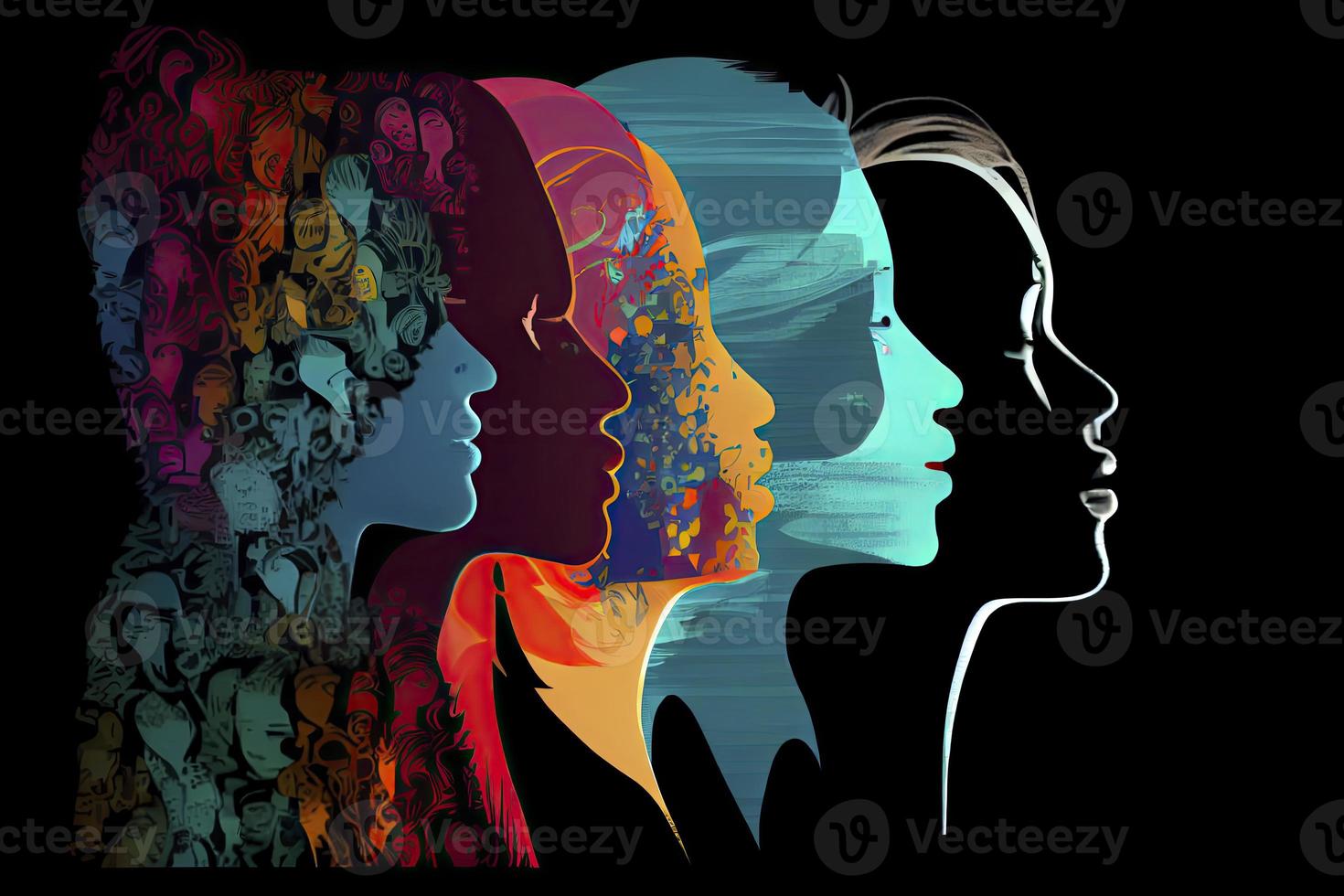 Woman face silhouette in profile with group of multicultural and multiethnic women faces inside photo