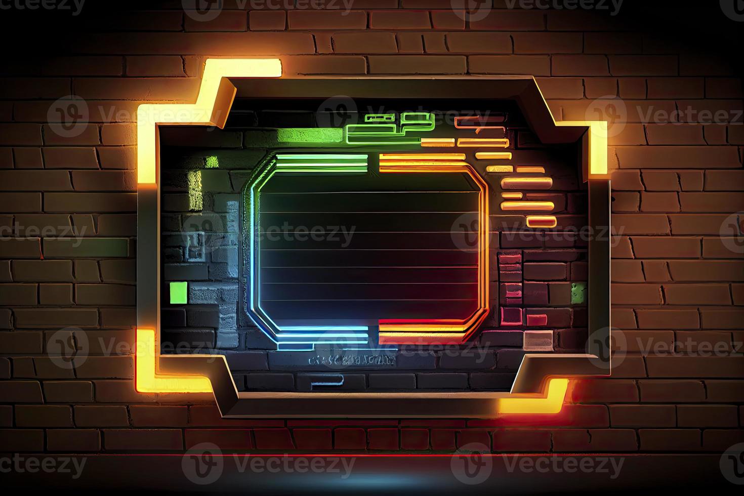 abstract background of sci fi hud ui neon frame on brick wall photo