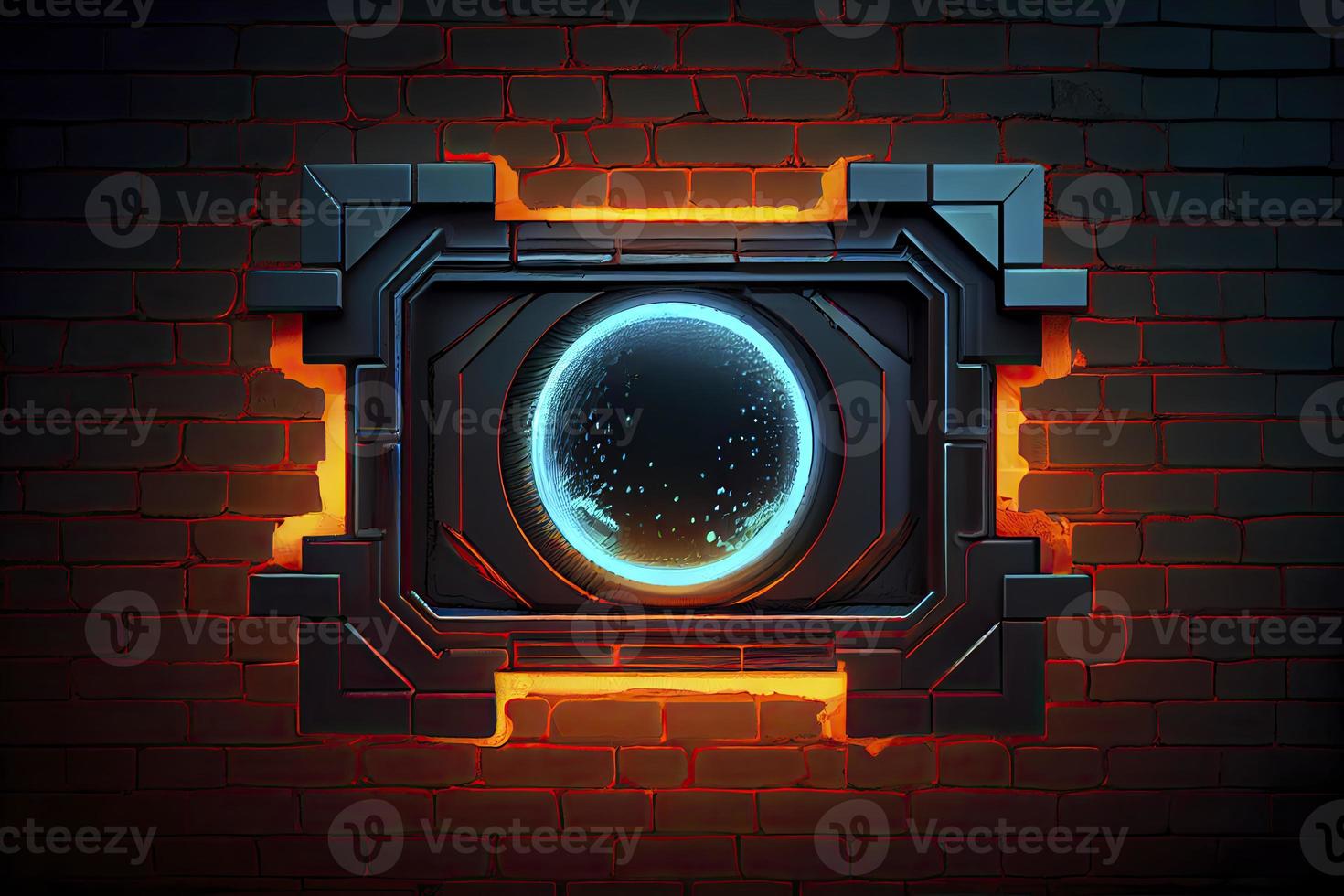 abstract background of sci fi hud ui neon frame on brick wall photo
