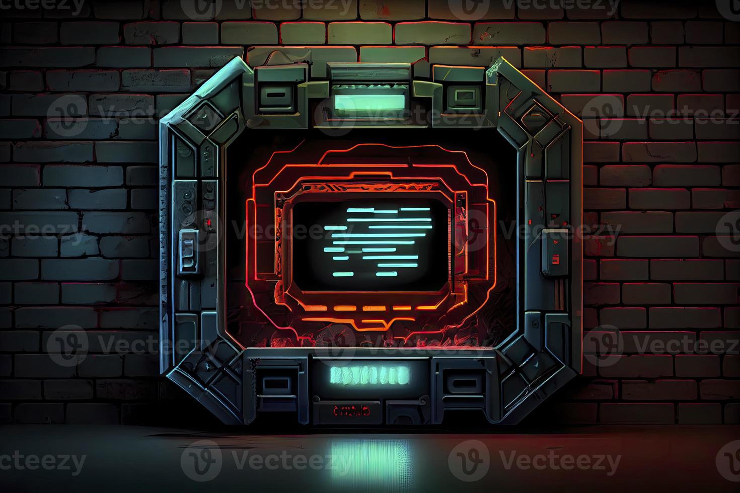abstract background of sci fi hud ui neon frame on brick wall photo