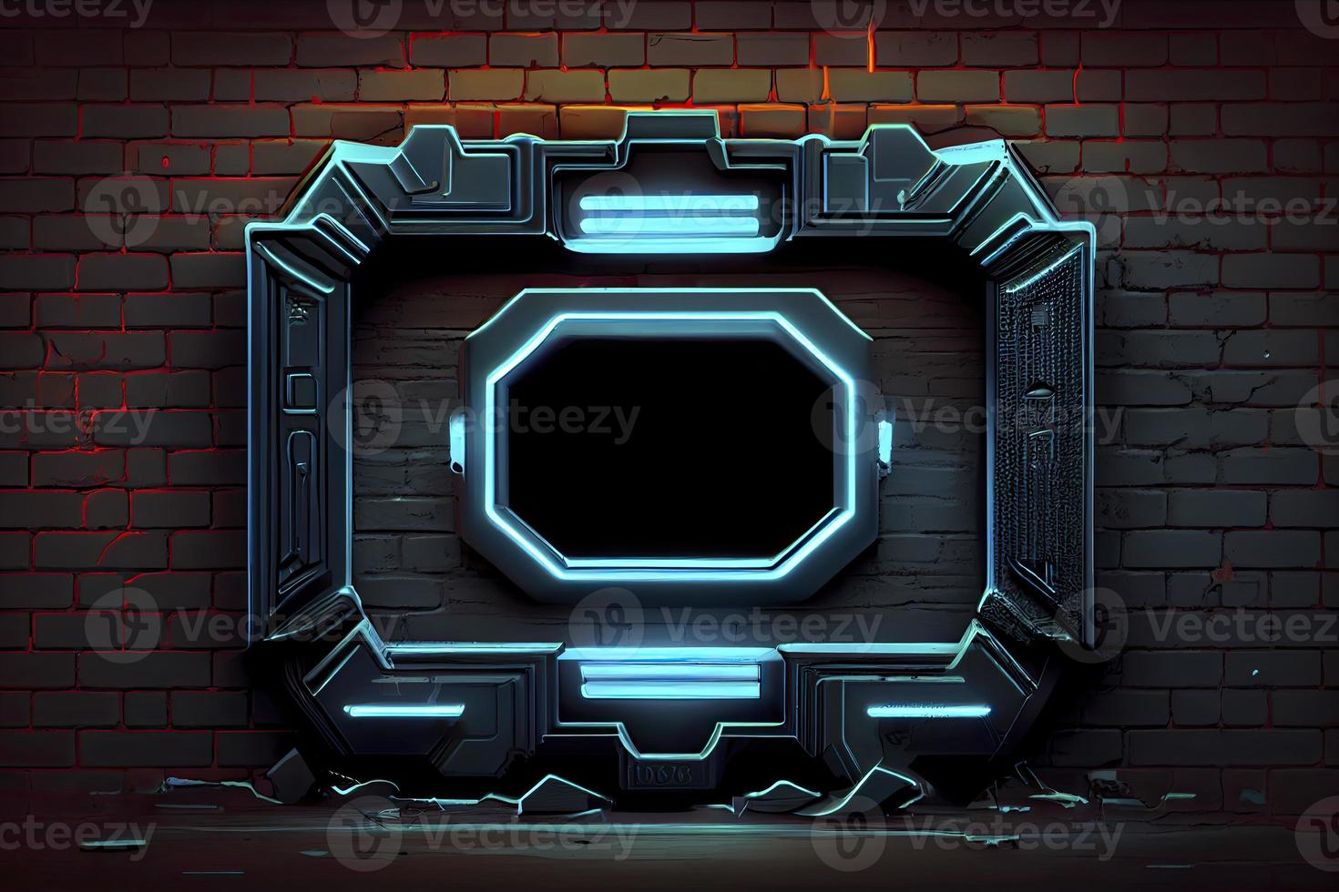 abstract background of sci fi hud ui neon frame on brick wall photo