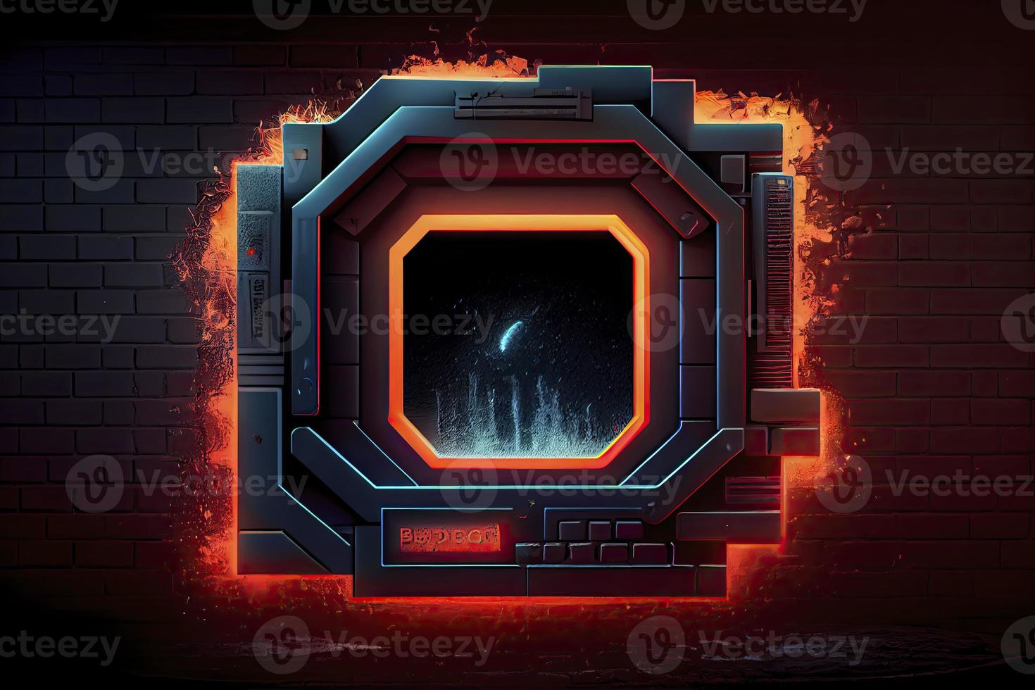 abstract background of sci fi hud ui neon frame on brick wall photo