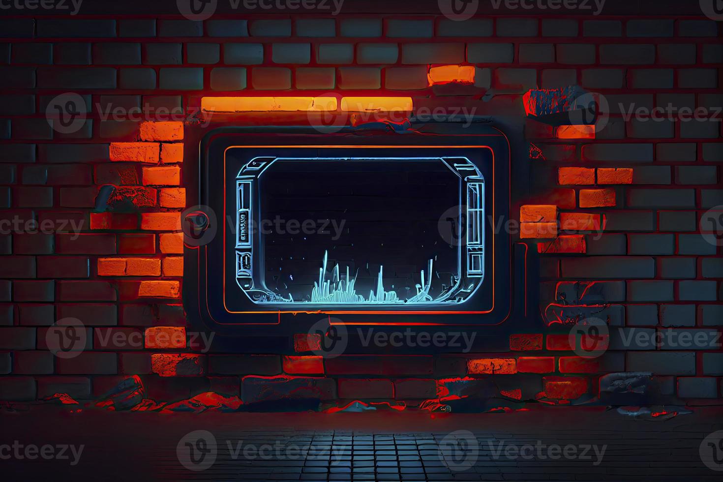 abstract background of sci fi hud ui neon frame on brick wall photo