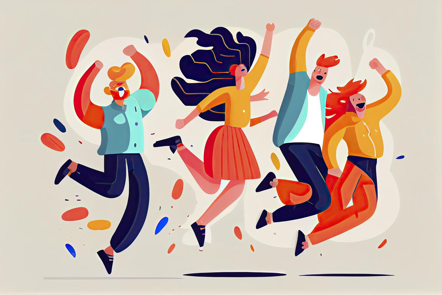 Happy people jumping celebrating victory. Flat cartoon characters illustration photo
