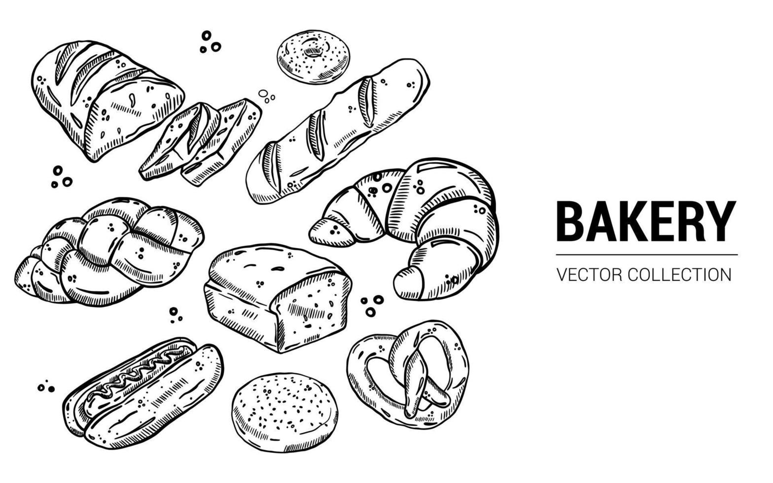 Hand Drawn Bakery Food Sketch Set with Bread Pretzel Croissant Bun Braid Donuts vector