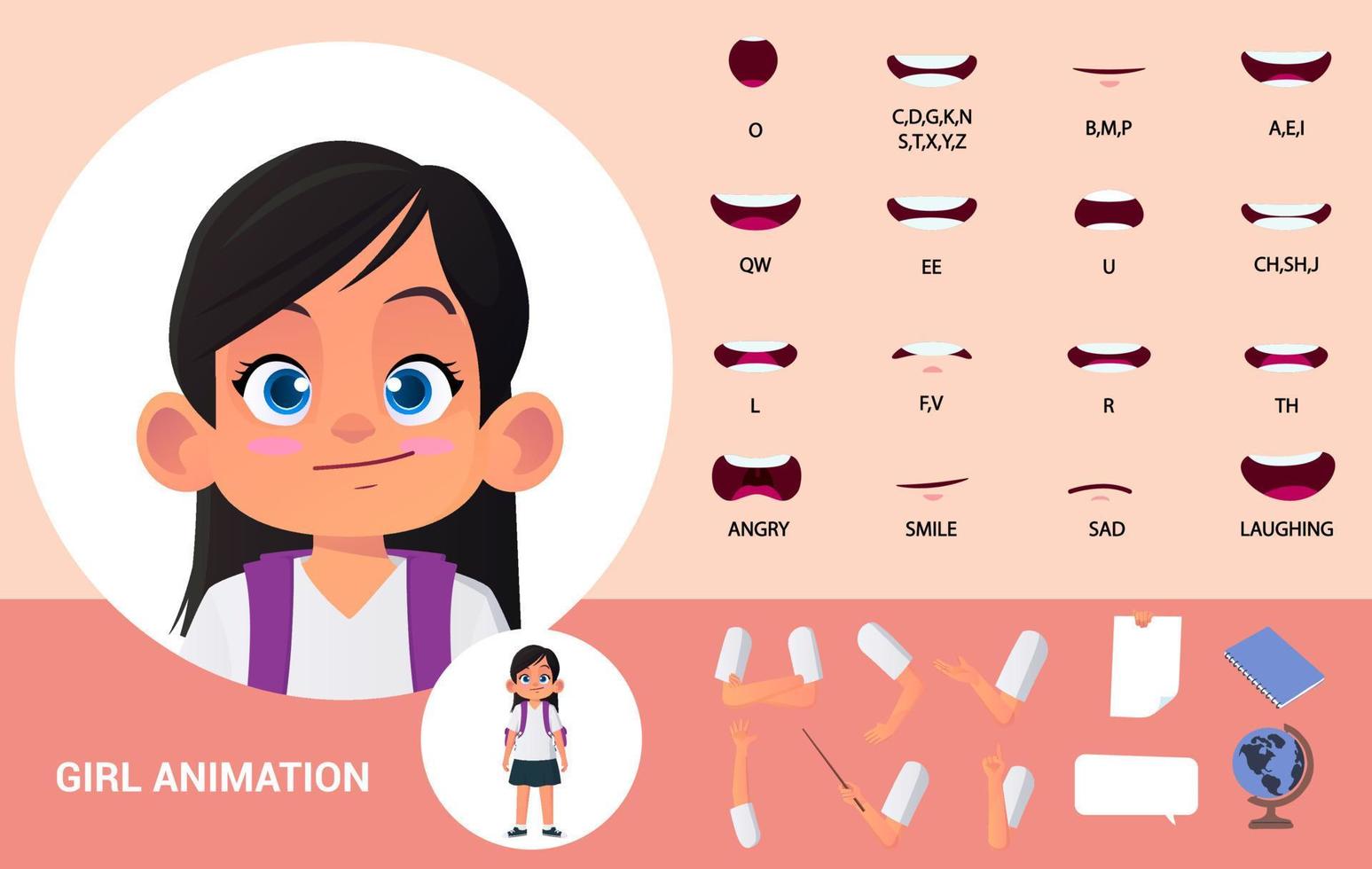 School Girl Character Lip Sync Mouth Animation and Hand Gestures vector