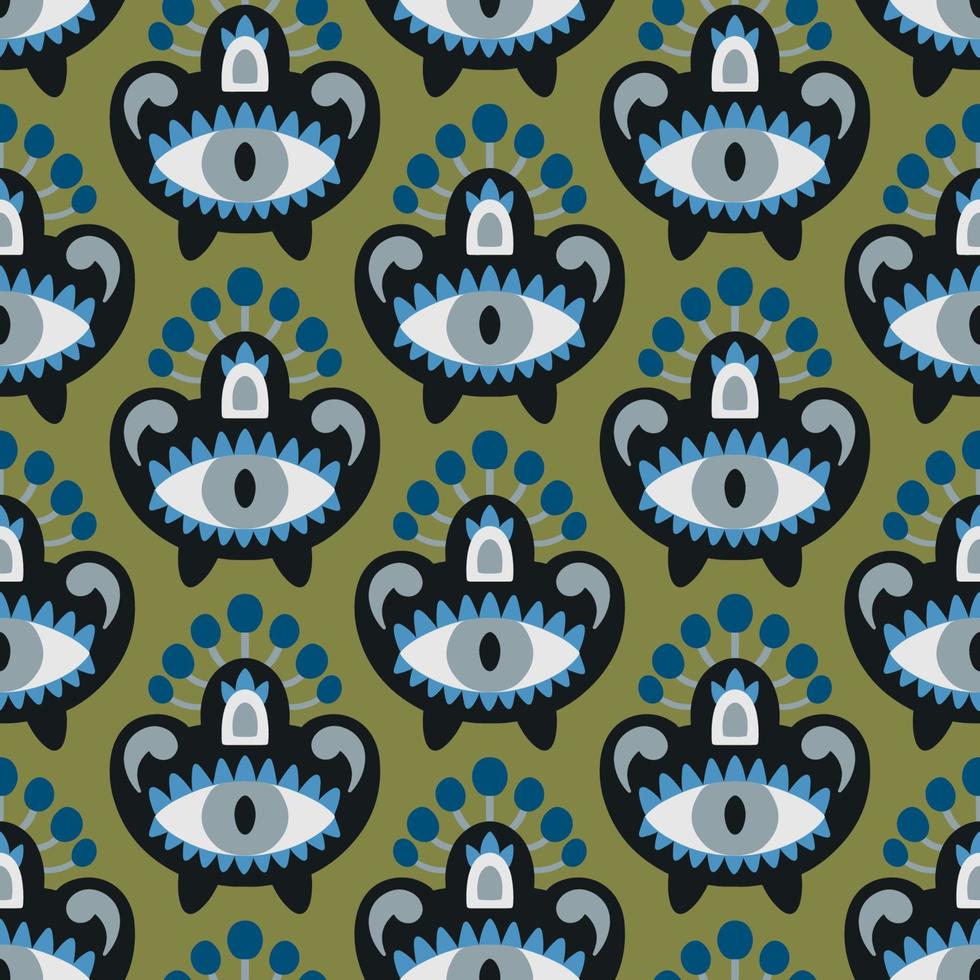 Vector seamless pattern with traditional Asian eye and paw ornament.