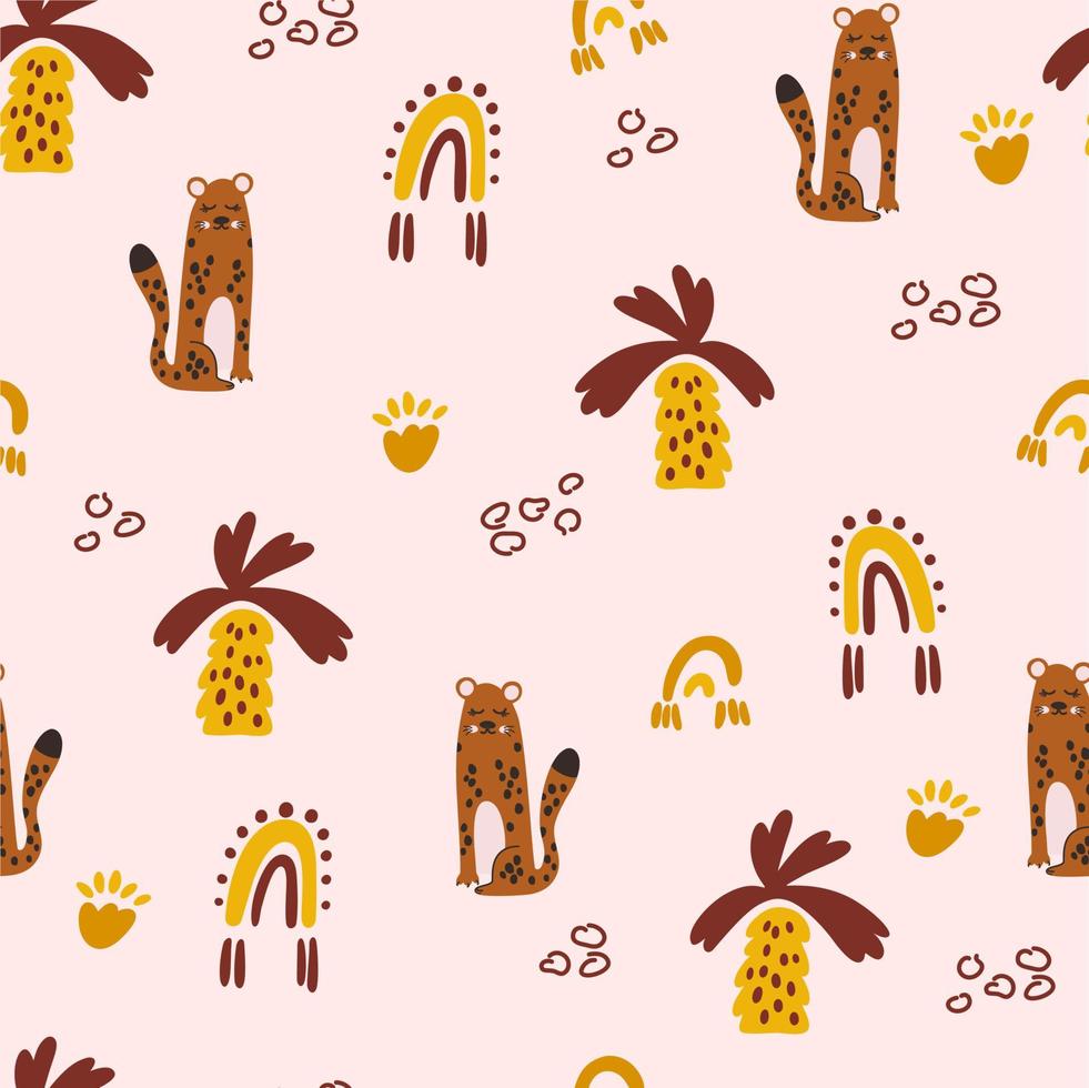 Cartoon leopards and palm trees seamless pattern. Jungle background. Animal print with leopard. Cute baby texture for fabric, wrapping, wallpaper, textile. Scandinavian design. Vector illustration
