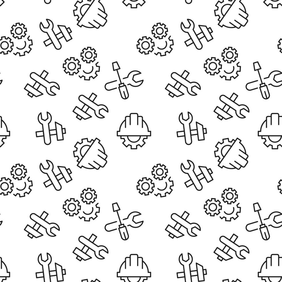 Monochrome vector seamless pattern of wrench, spanner, hammer, gear, helmet for web sites and polygraphy