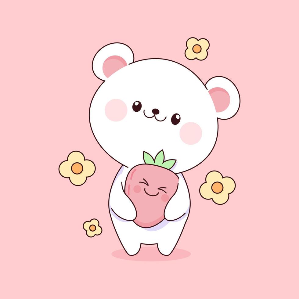 Cute white teddy bear kawaii with strawberry vector