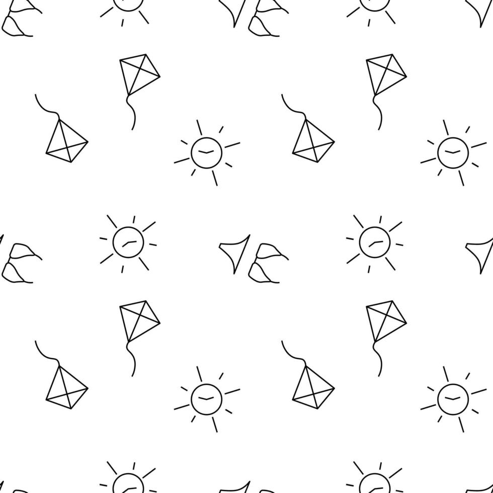 Seamless monochrome repeating pattern of sundial, kite, bikini vector