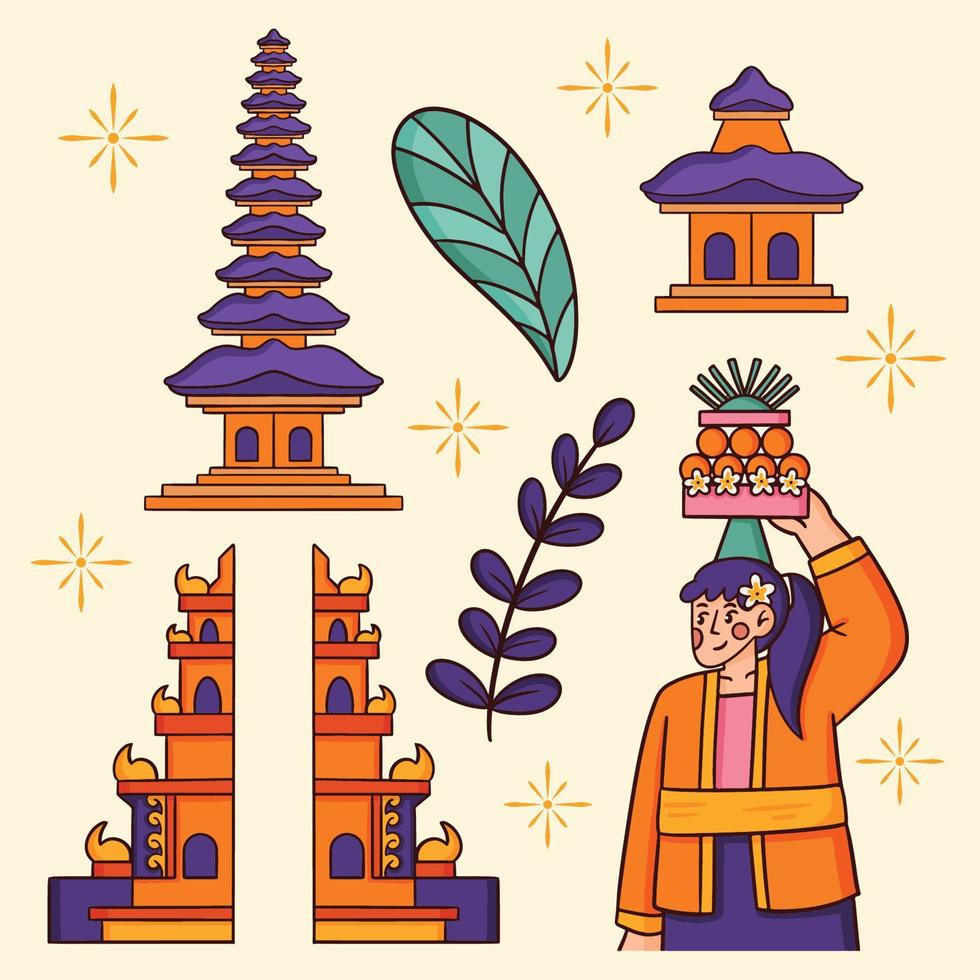 Vector hand drawn illustration object hindu pura temple bali nyepi day  hindu indonesia, woman, leaves, with flat design asset package template set