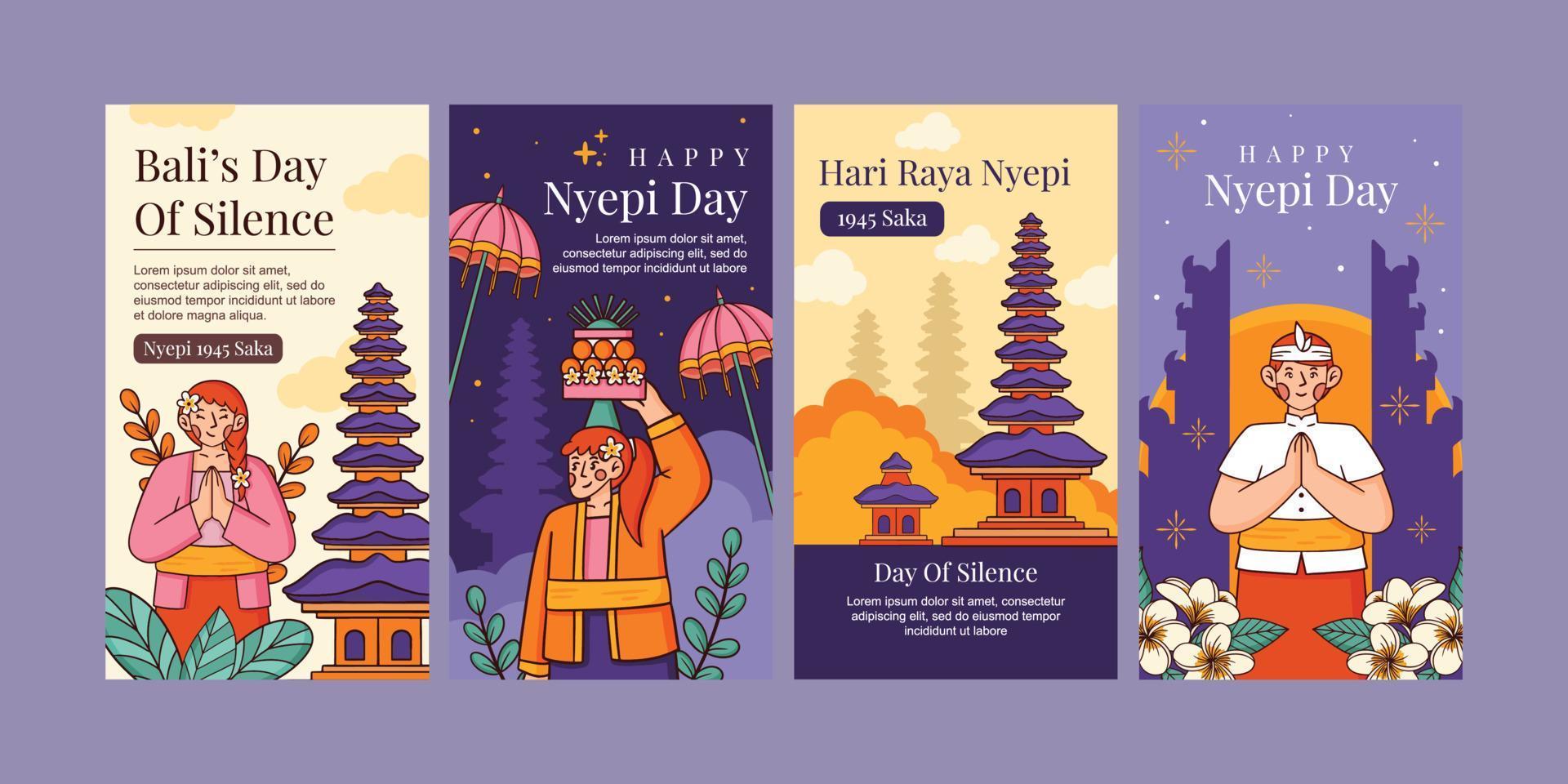 Happy Bali's day of silence nyepi celebration hindu indonesia post story vertical social media flat design vector template set of pretty woman, temple, pura, man package