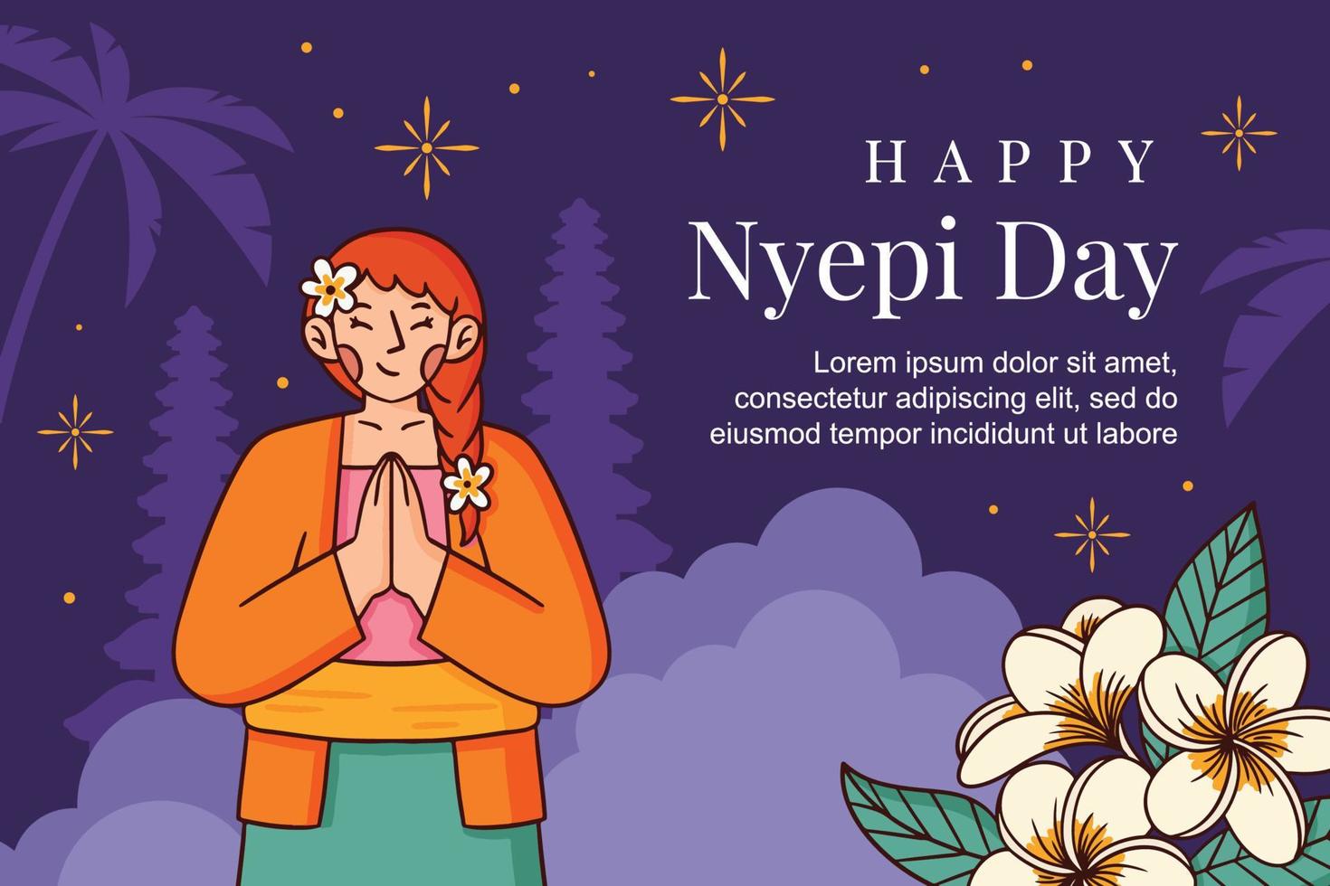Vector flat illustration design happy nyepi day of silence hindu template poster web banner template