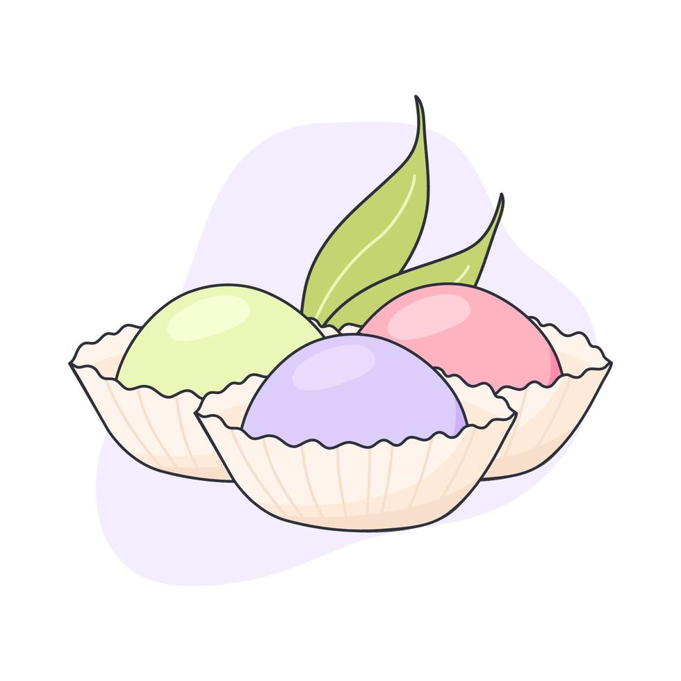 Mochi Japanese traditional sweet. Japanese asian sweets. Healthy eating, cooking, menu, banner, sweet food, dessert concept. Draw in doodle style, vector illustration.
