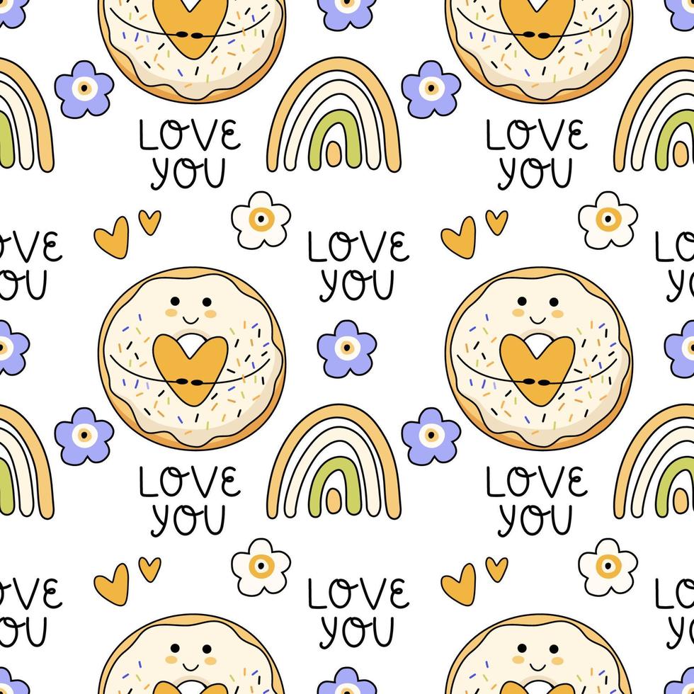 Colorful seamless pattern. Cute bright donuts. Love you phrase. Vector background. Perfect for wrapping paper, scrapbooking, textile prints, wallpaper