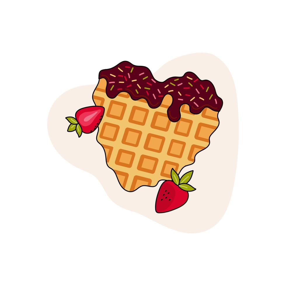 Belgian waffles heart shape with chocolate topping. Vector illustration. Healthy eating, cooking, breakfast menu, dessert, recipes. Perfect for banner, website, poster, menu.