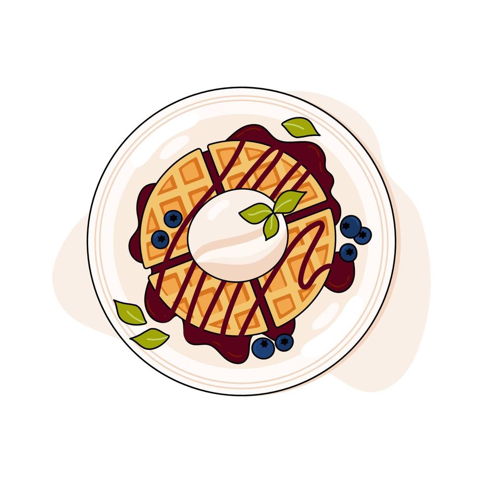 Belgian waffles on a plate. Vector illustration in doodle style. Healthy eating, cooking, breakfast menu, dessert, recipes. Perfect for banner, website, poster, menu.