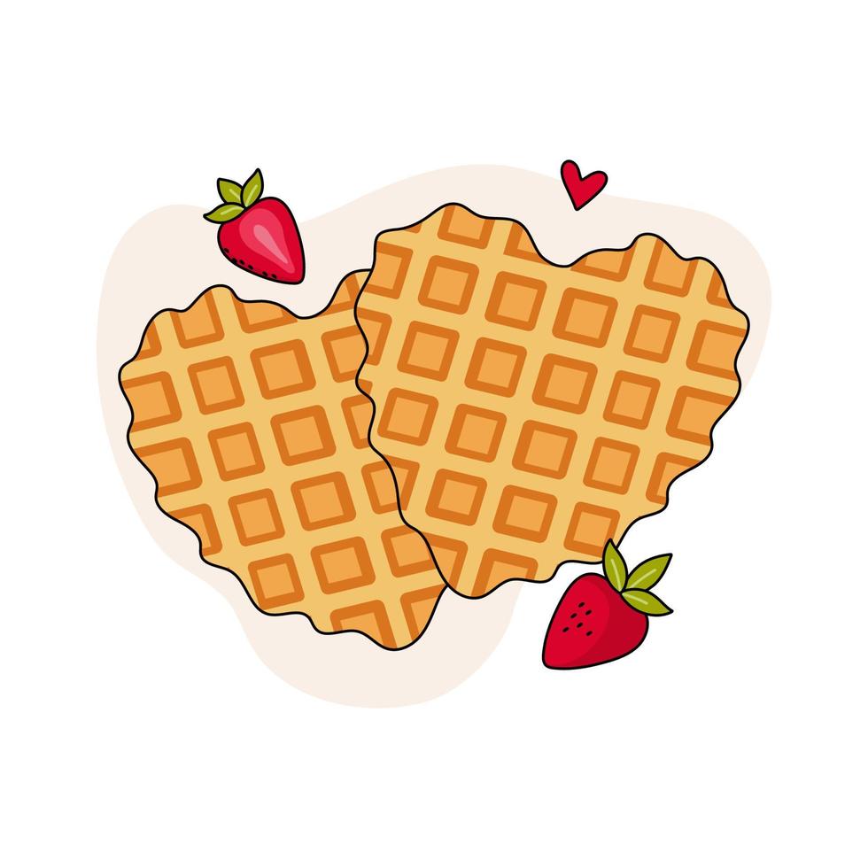 Belgian waffles, heart shape. Vector illustration. Healthy eating, cooking, breakfast menu, dessert, recipes. Perfect for banner, website, poster, menu.